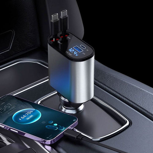 Flair Le Chargeur 4-en-1 Rétractable – Dites adieu aux câbles emmêlés dans la voiture
